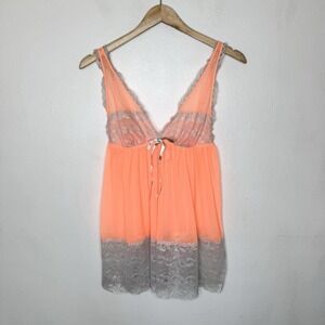 Victorias Secret Bright Orange Sheer Chemise Gray Lace Lingerie‎ Womens Large